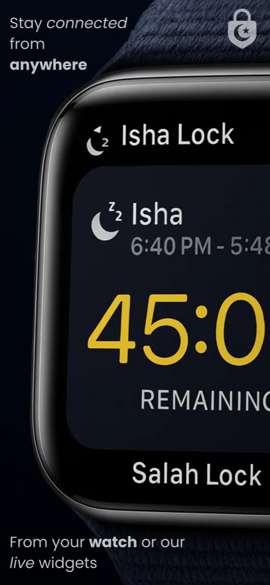 Apple Watch companion app showing prayer countdown and remaining time