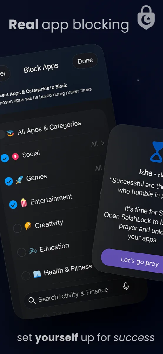 Real app blocking — choose apps and categories to block during prayer times